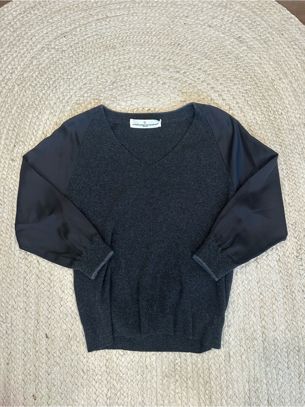 Golden Goose Charcoal V-Neck Sweater with Satin Sleeves